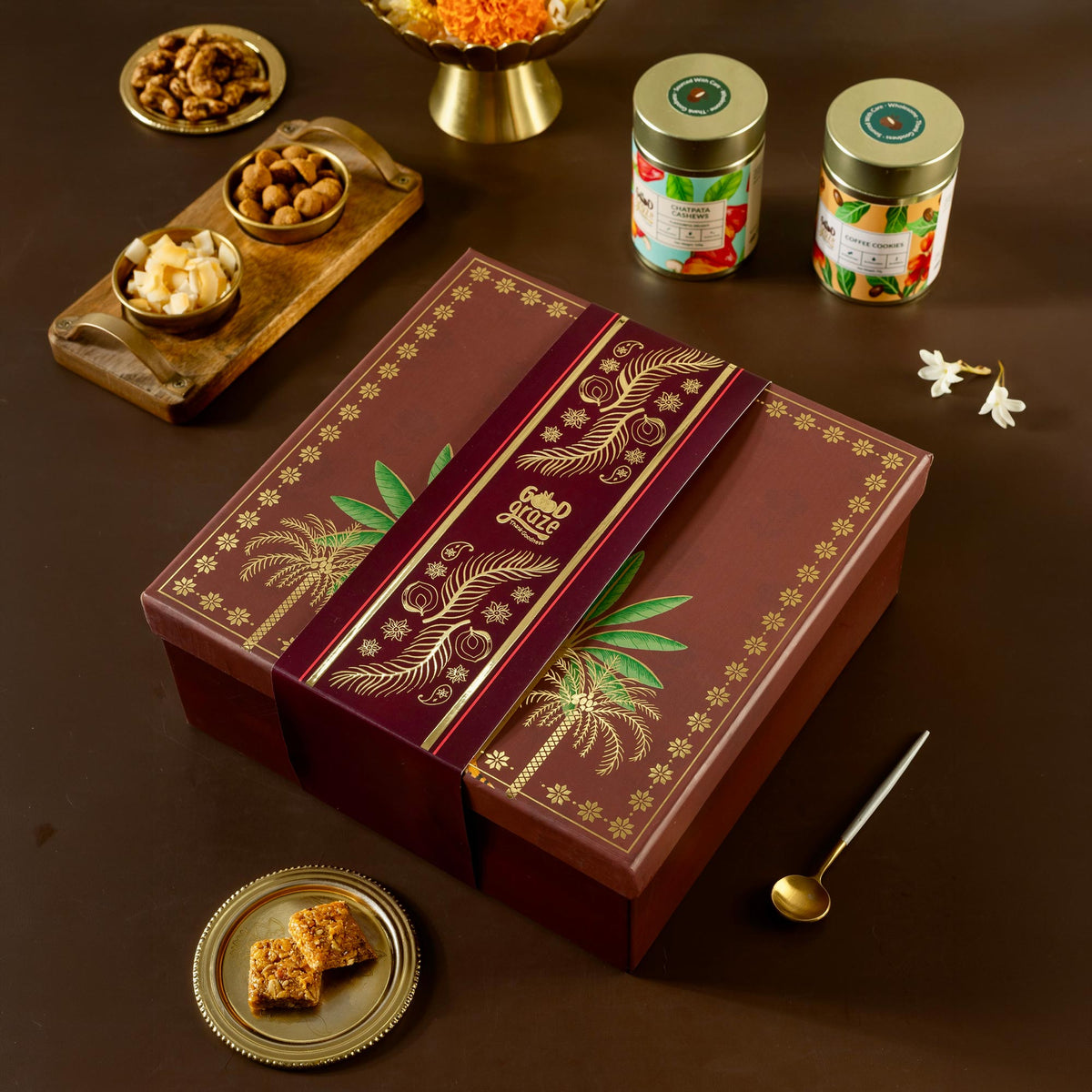 Crimson Canopy Reserve Diwali gift hamper for clients with cashews, cookies and coconut chips
