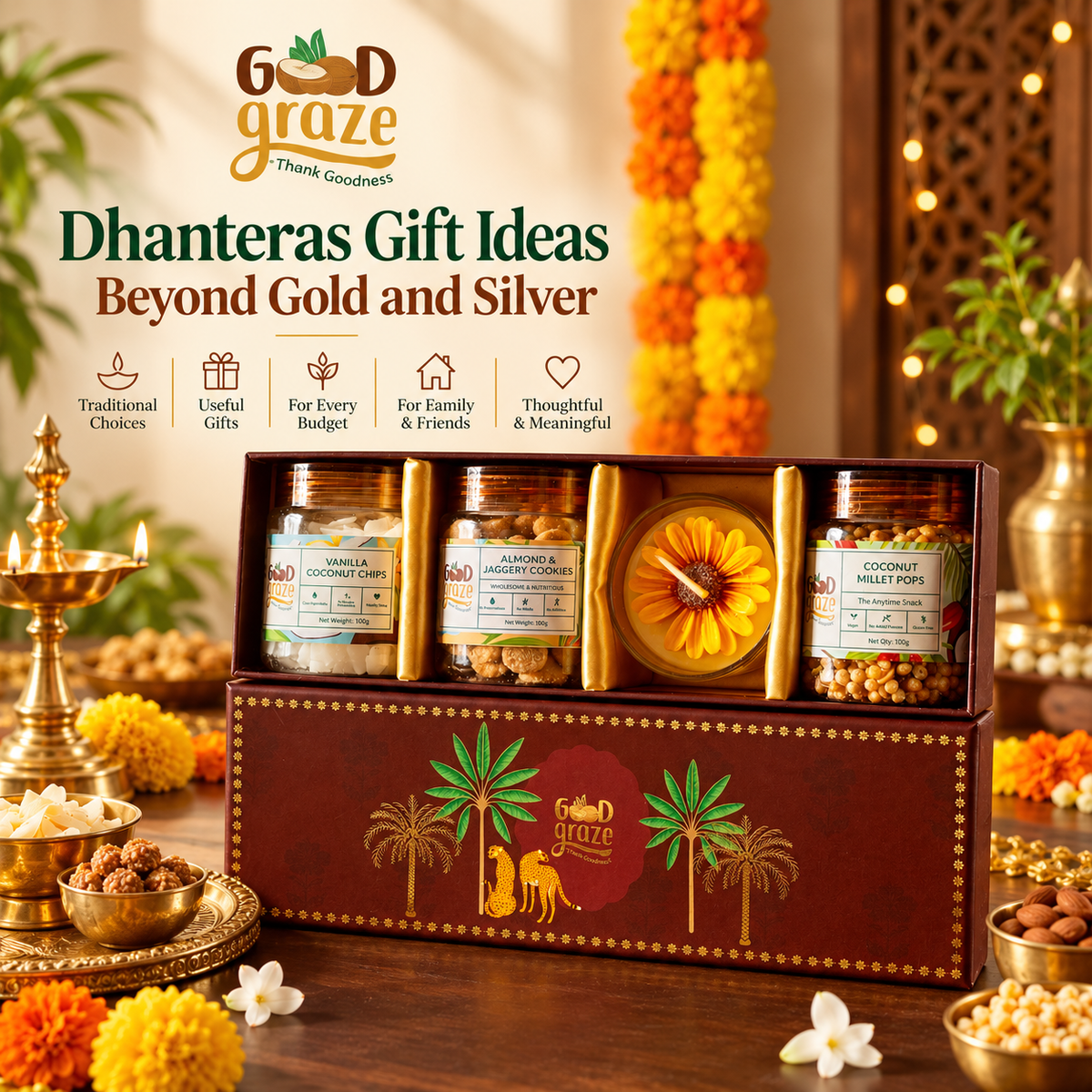 Good Graze Crimson Canopy Festive Hamper with almond jaggery cookies, coconut chips, coconut millet pops and a scented candle