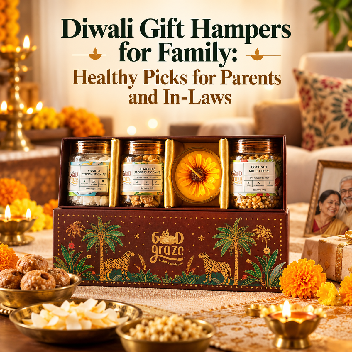 Midnight Bloom Diwali gift hamper with almond butterscotch ladoos, cookies, coconut chips and millet pops