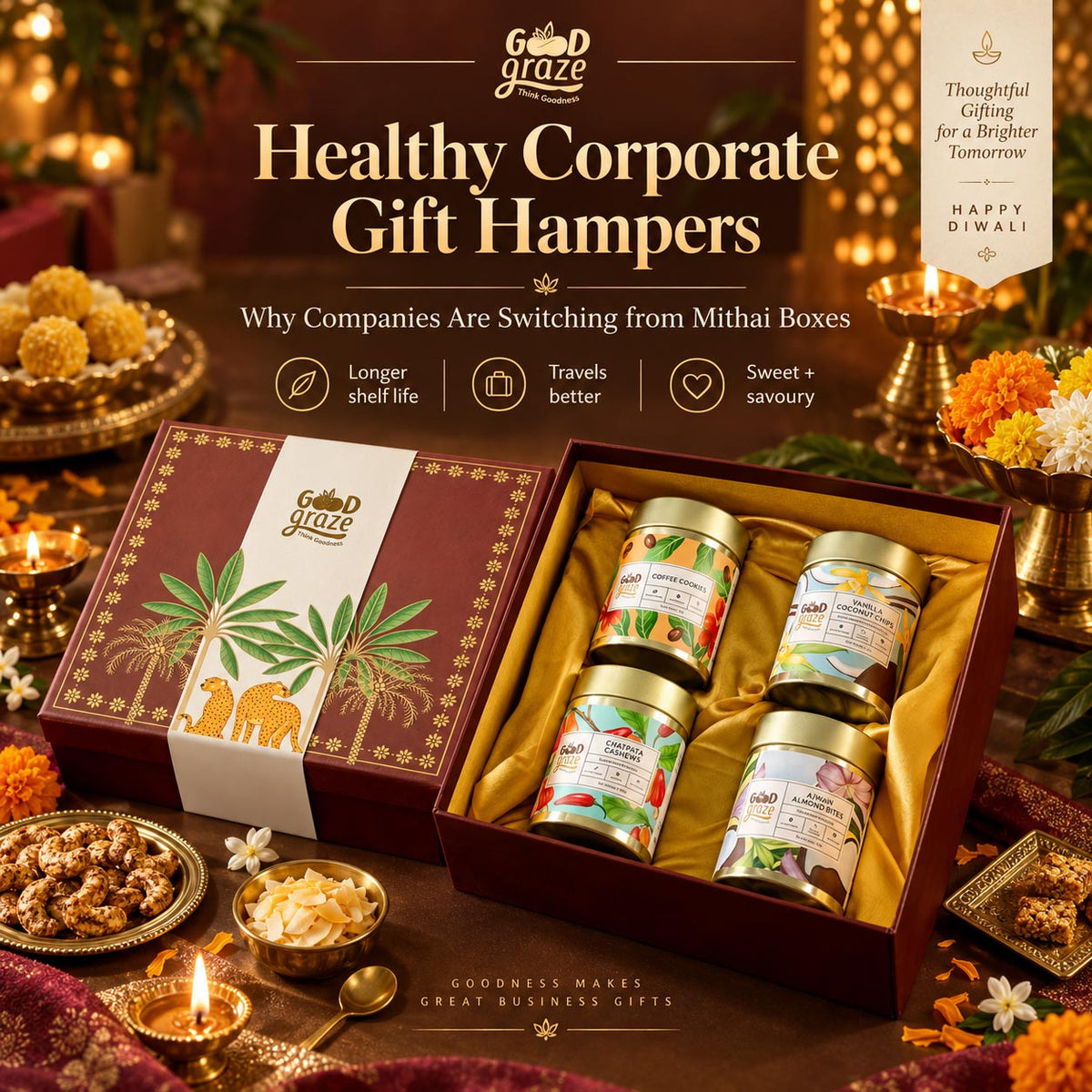 Healthy corporate Diwali gift hamper by Good Graze with gourmet snacks, coconut chips, cookies and nuts, presented as an alternative to traditional mithai boxe