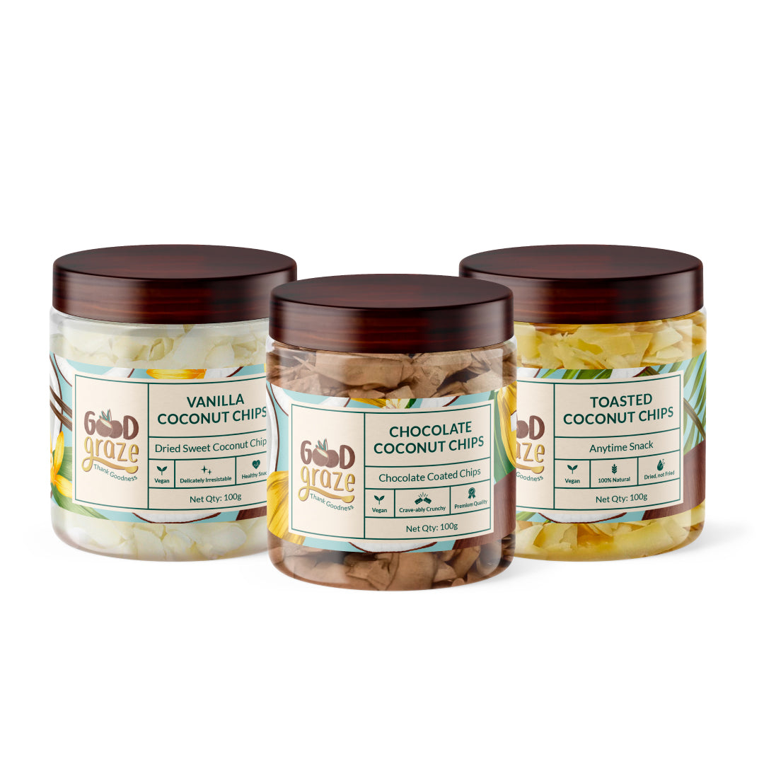 Assorted coconut chips in vibrant packaging