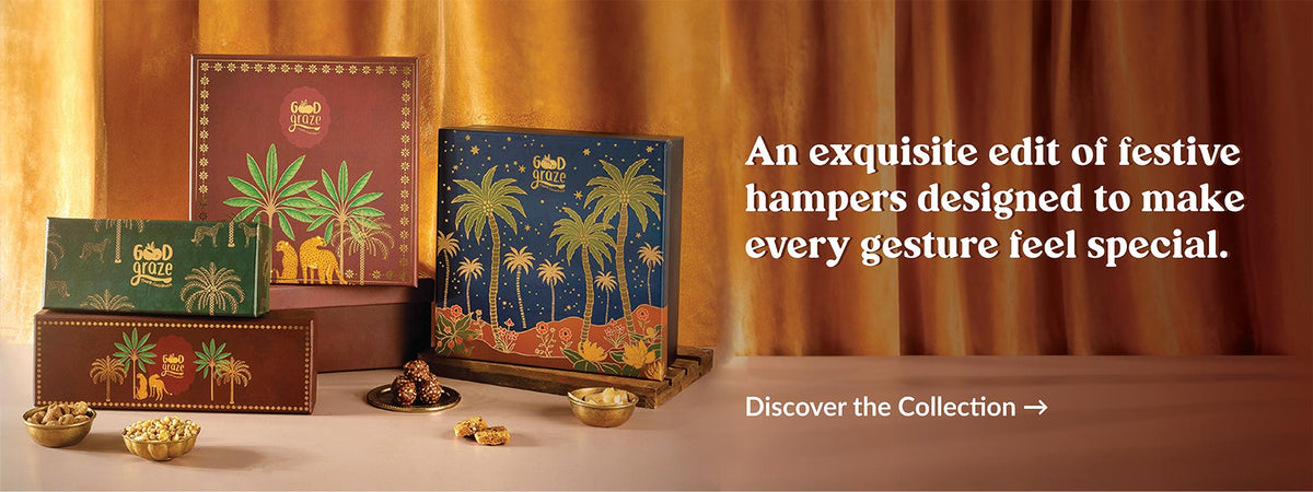 Good Graze festive gift hamper boxes with palm tree artwork, for Diwali and celebrations