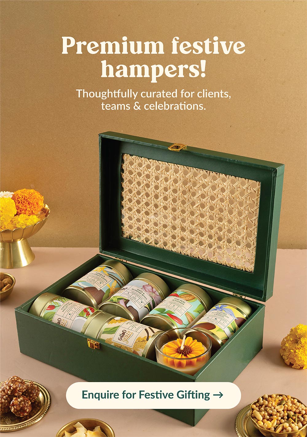 Premium festive gift hamper in a green cane box with healthy snack jars, for clients and teams
