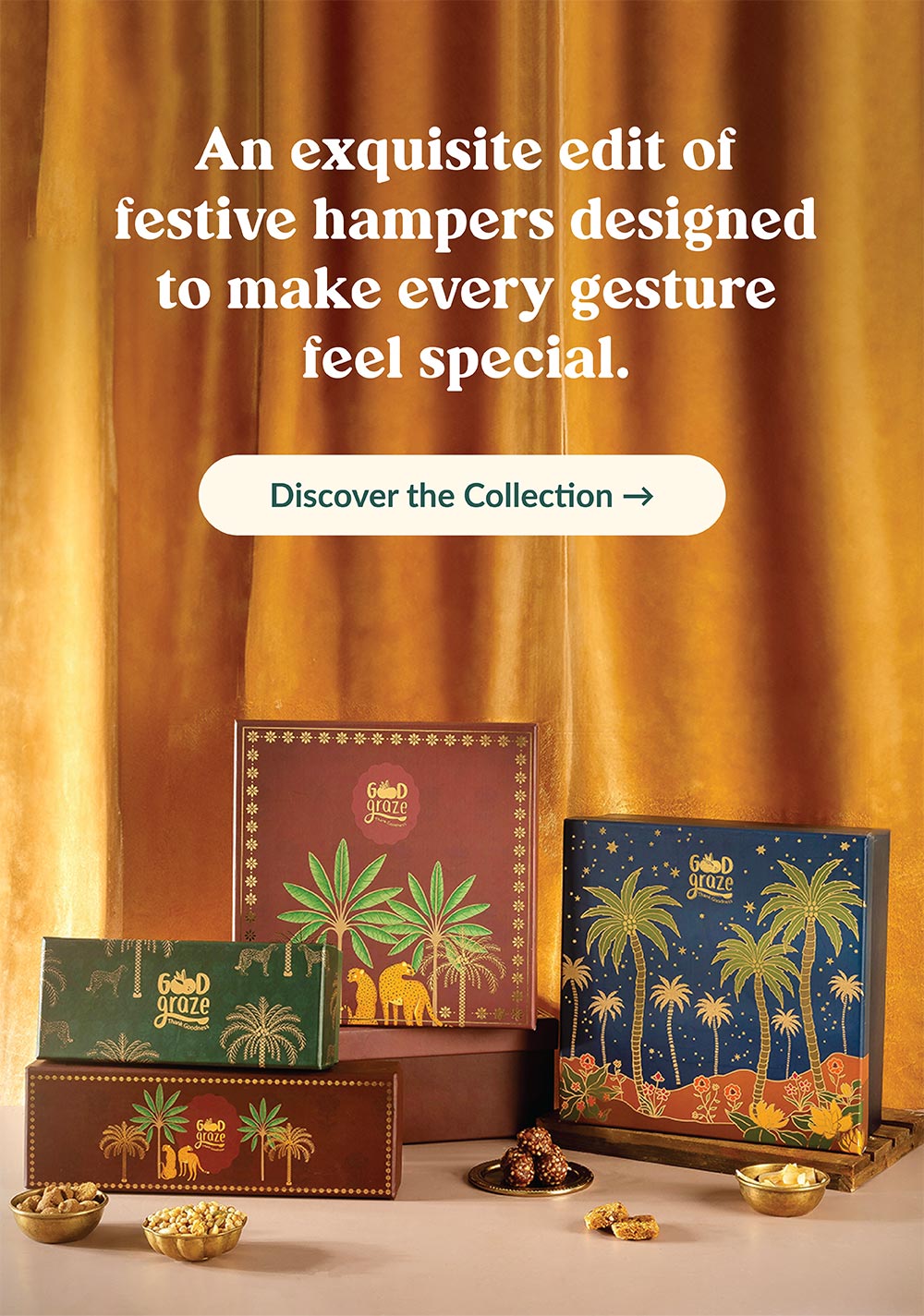 Good Graze festive gift hamper boxes with palm tree artwork, for Diwali and celebrations