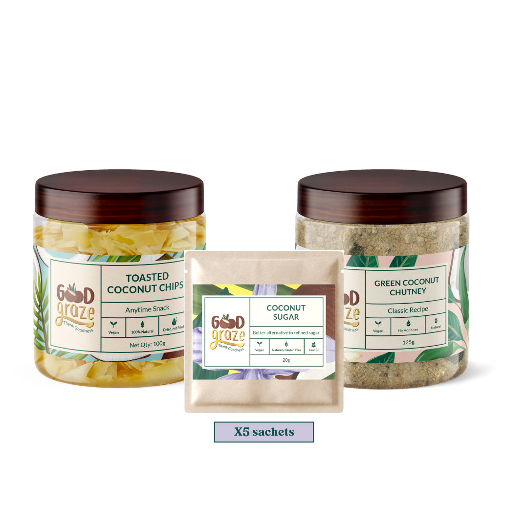 Travel Bundle - Coconut Sugar Sachet, Toasted Coconut Chips, Green Chutney