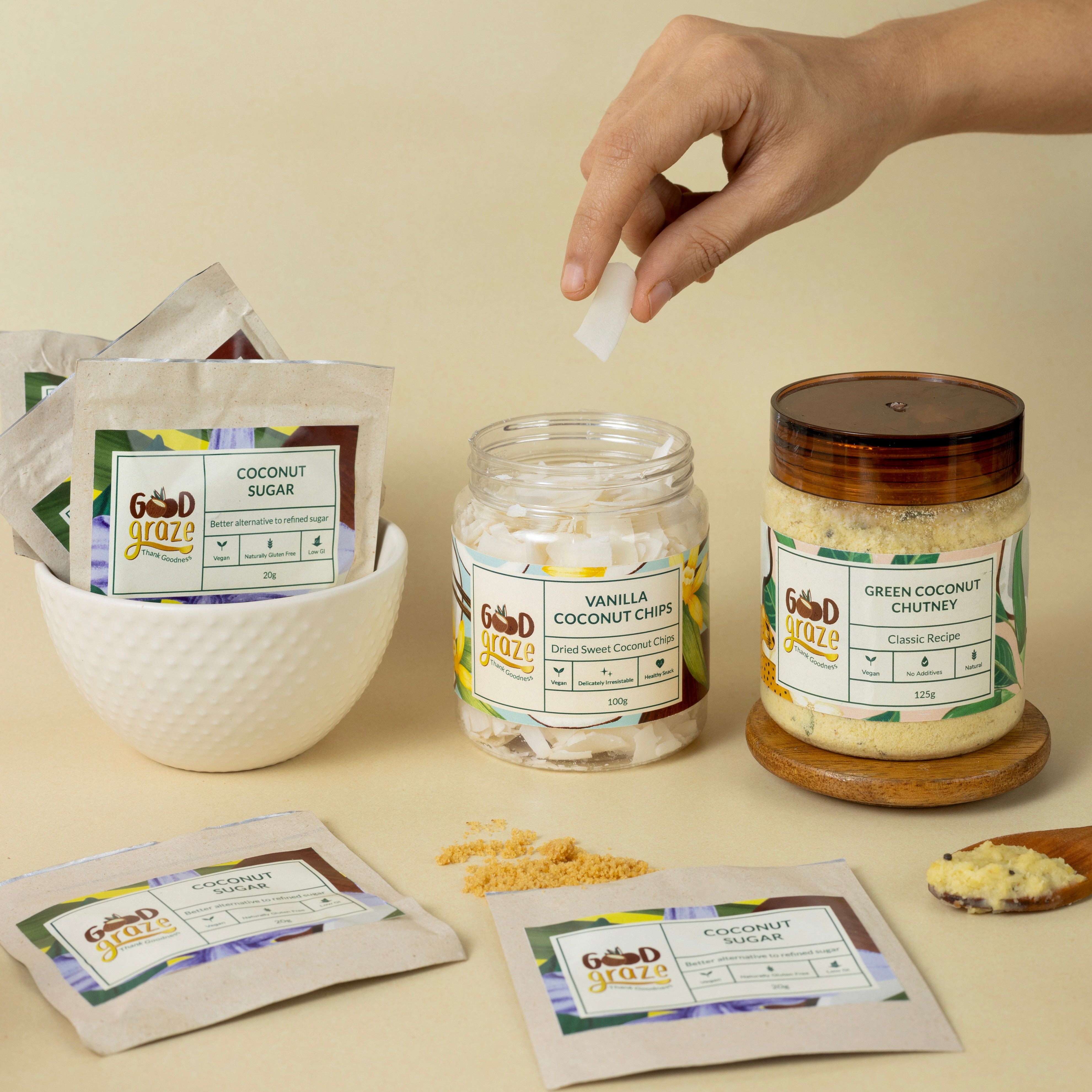 Travel Bundle - Coconut Sugar Sachet, Toasted Coconut Chips, Green Chutney