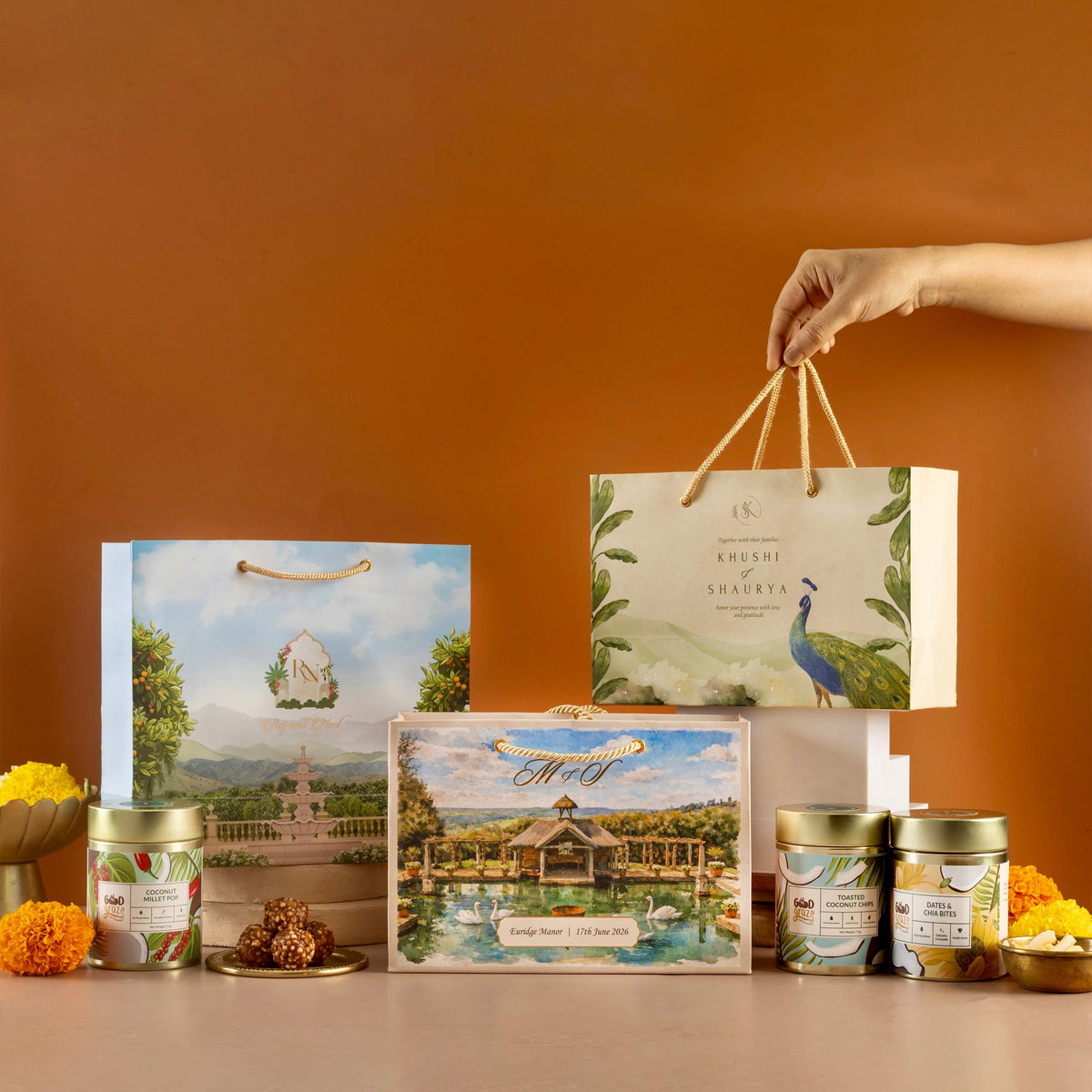The Wedding Edit wedding favour hamper by Good Graze with coffee cookies, coconut chips and peri peri almonds, a return gift for wedding guests