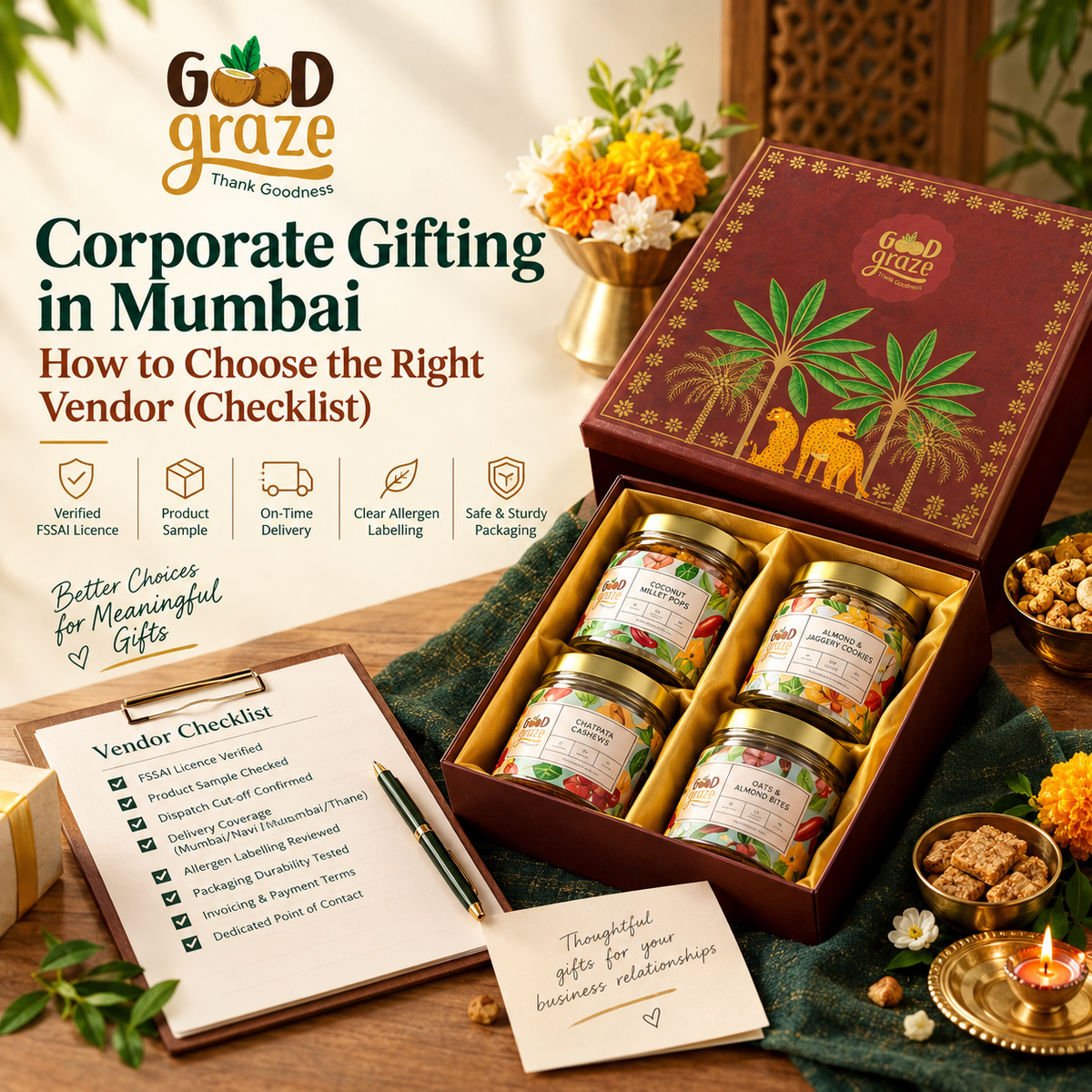 Crimson Canopy Reserve Gourmet Client Hamper with chatpata cashews, coffee cookies, oats and almond bites and coconut chips