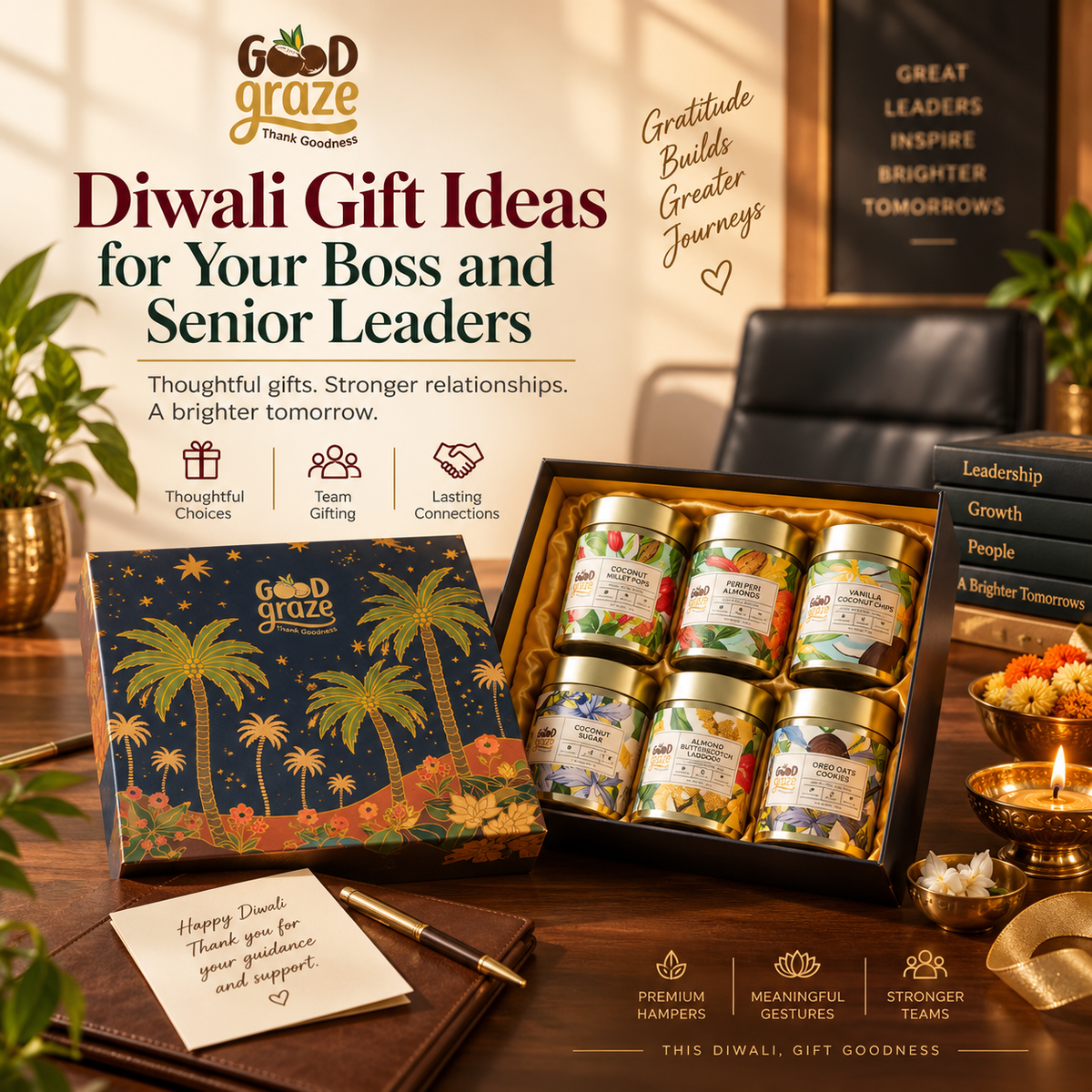 Good Graze Diwali gift hamper for bosses and senior leaders, featuring premium gourmet snacks, festive diyas and an elegant corporate gifting setup.