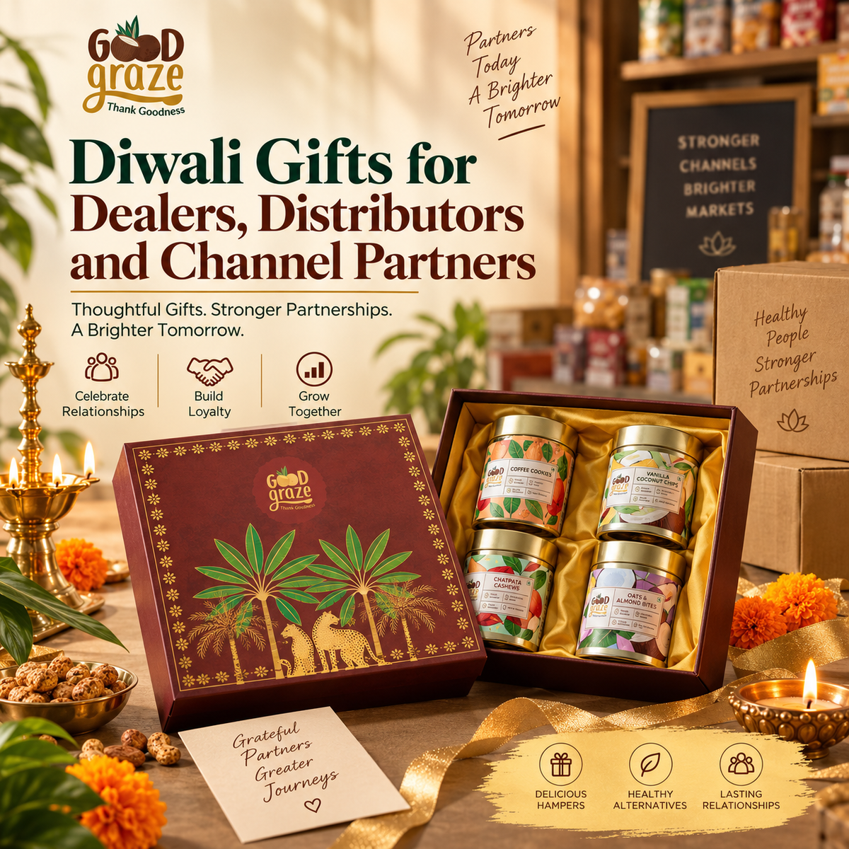 Good Graze Diwali gift hamper for dealers, distributors and channel partners, featuring gourmet snacks, festive diyas and premium corporate gifting presentation.