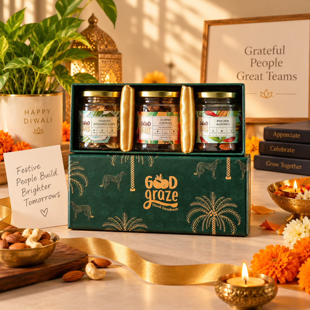 Good Graze Emerald Canopy healthy snack gift hamper with coconut chips, coffee cookies and peri peri almonds for Diwali employee gifts