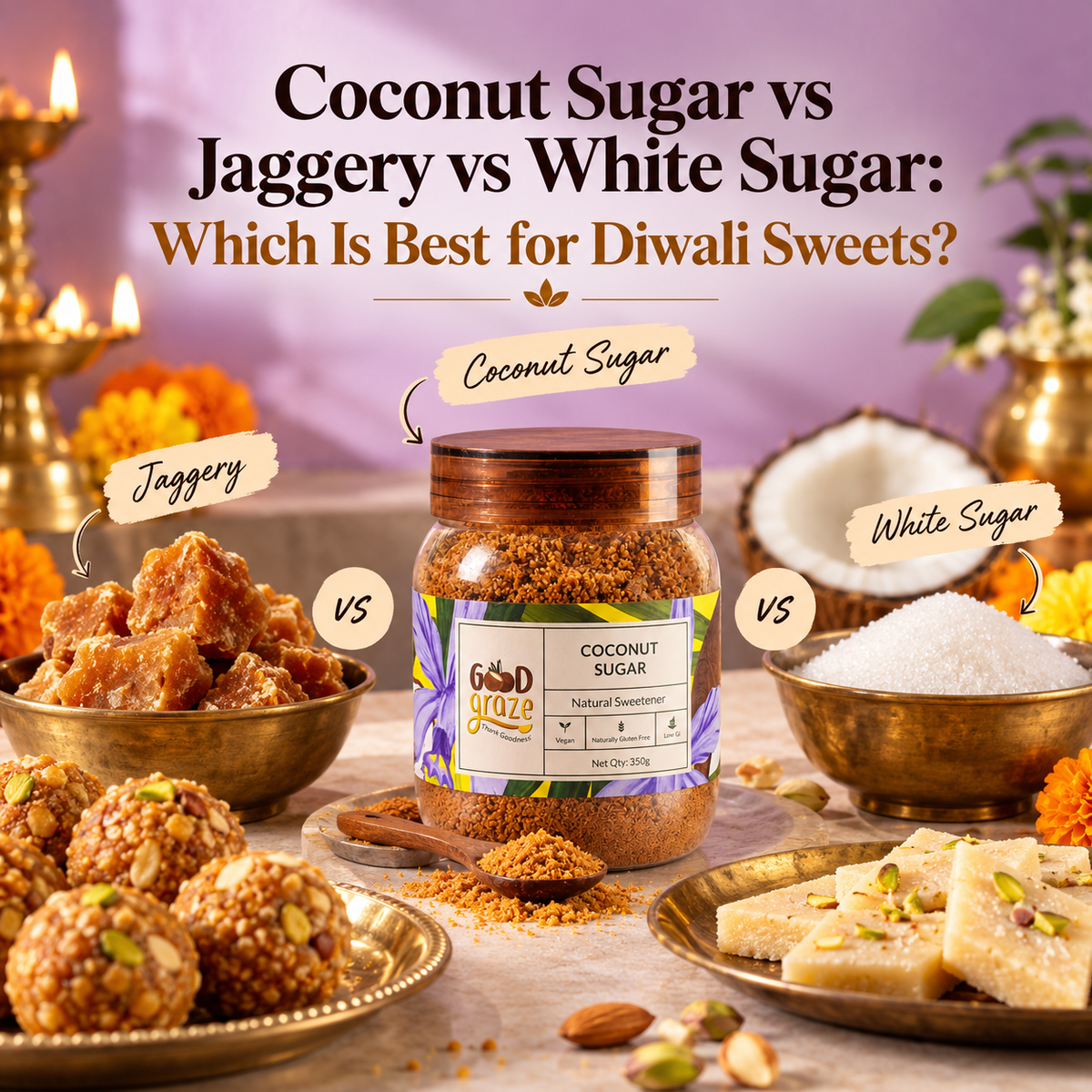 Good Graze coconut sugar for Diwali sweets, compared with jaggery and white sugar