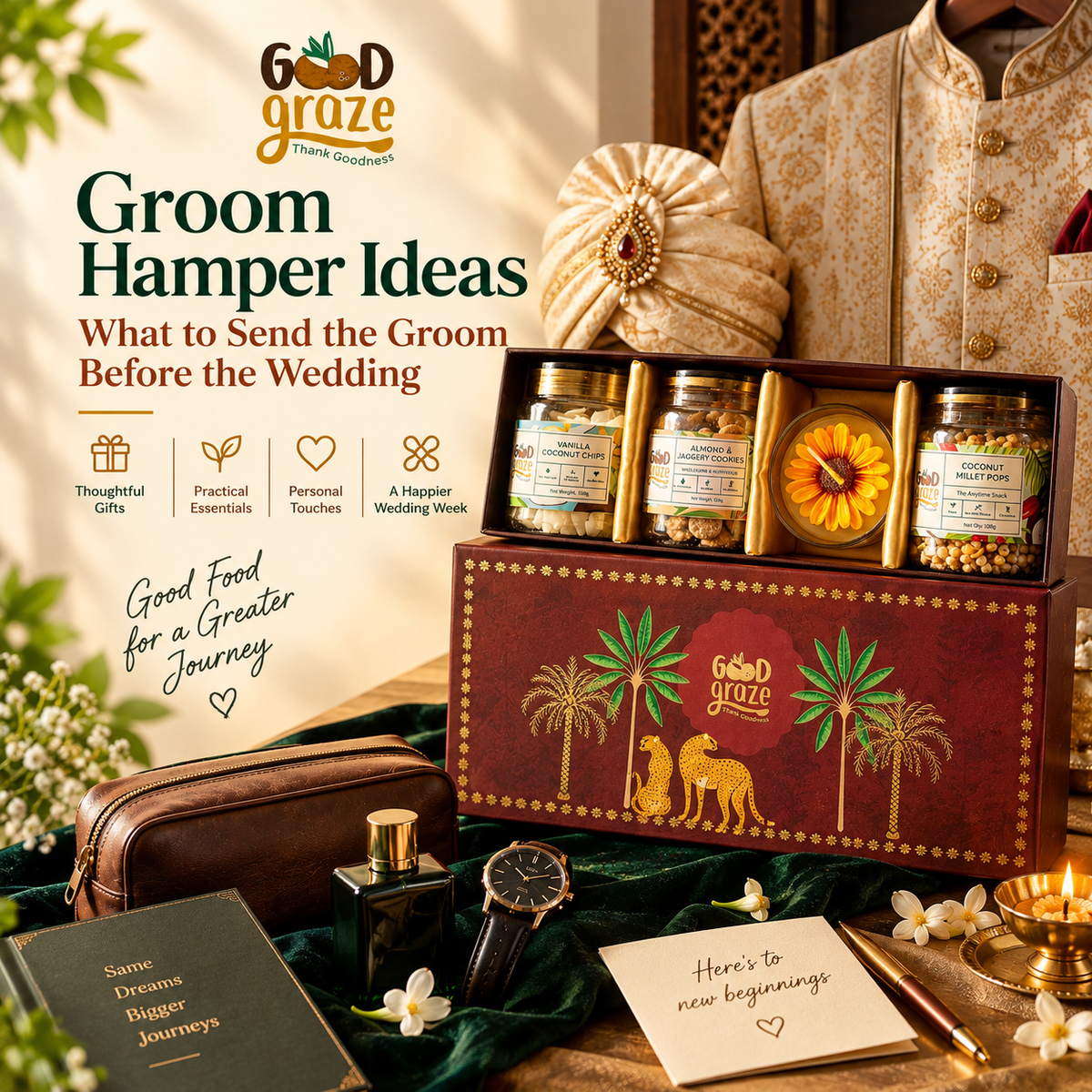 Good Graze groom hamper with gourmet snacks, wedding accessories, sherwani and festive décor, designed as a thoughtful pre-wedding gift for the groom.