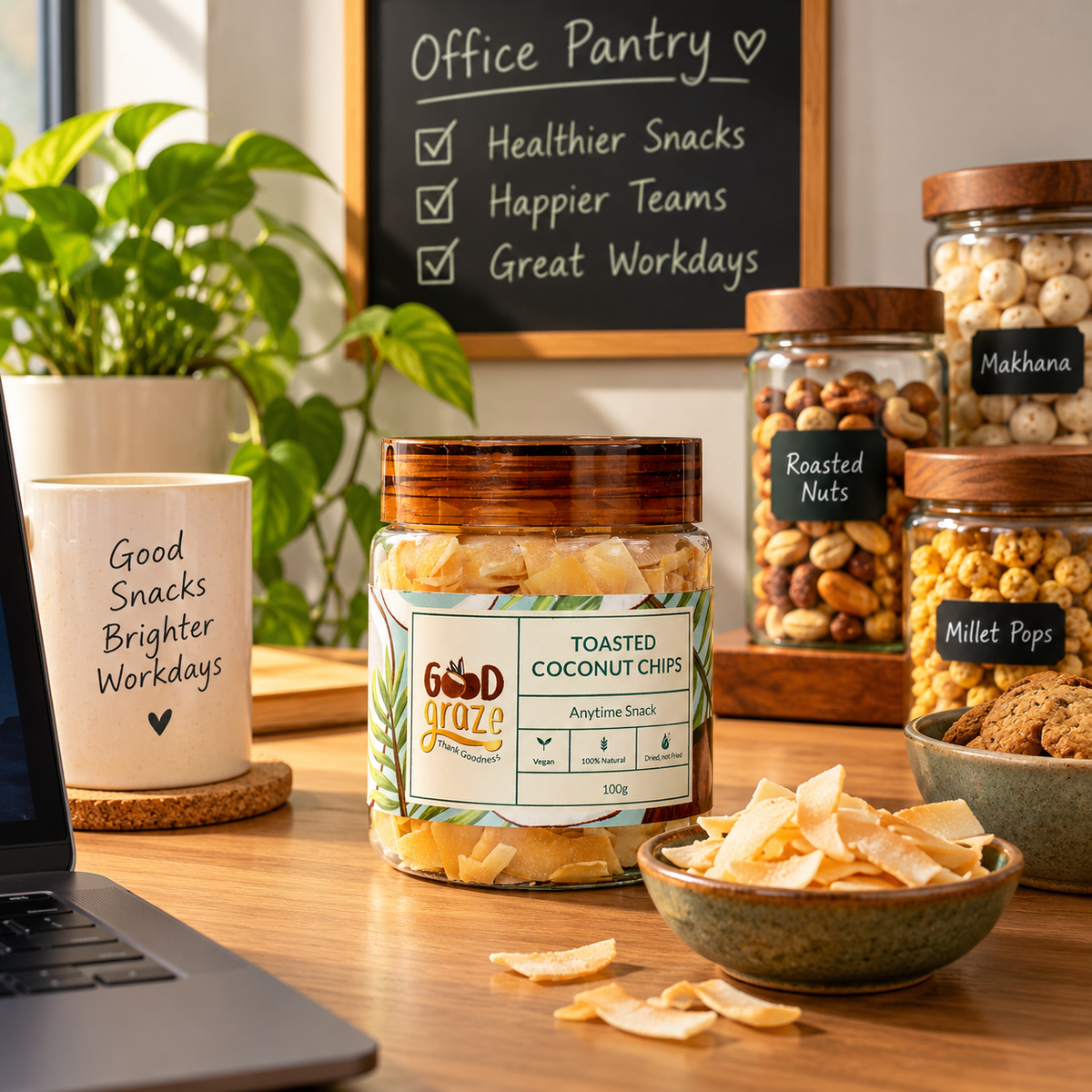 Good Graze toasted coconut chips in jars, a healthy office pantry snack