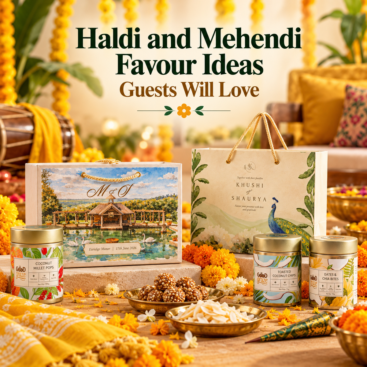 The Wedding Edit favour hamper with coffee cookies, coconut chips and peri peri almonds for haldi and mehendi guests