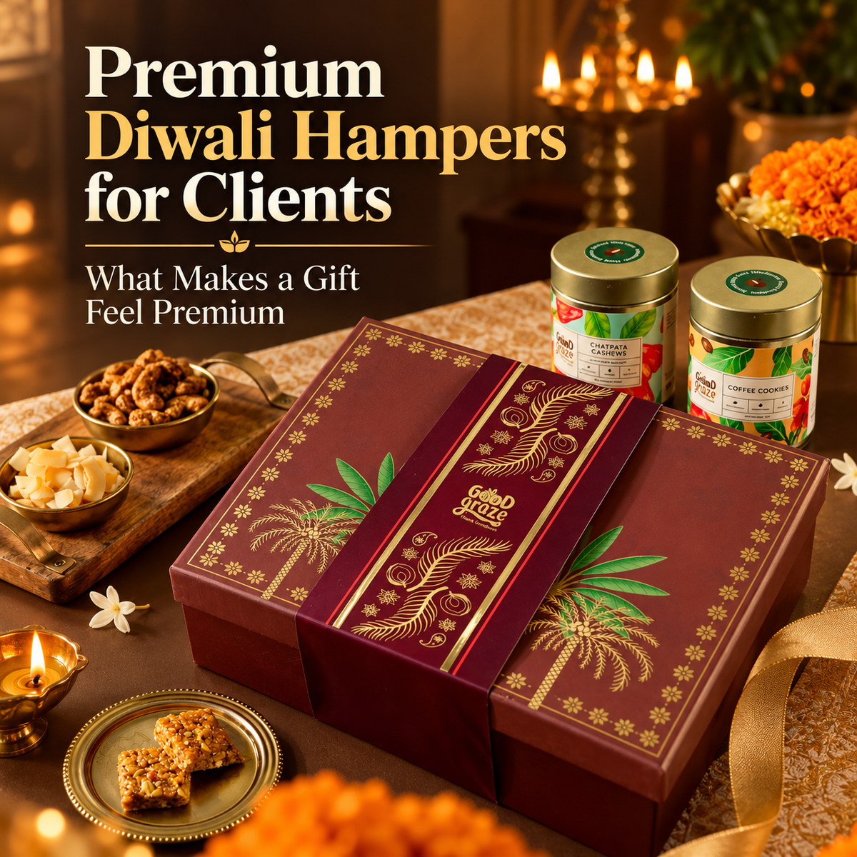Midnight Bloom Grande premium Diwali gift hamper with ladoos, cookies, almonds, coconut chips and coconut sugar