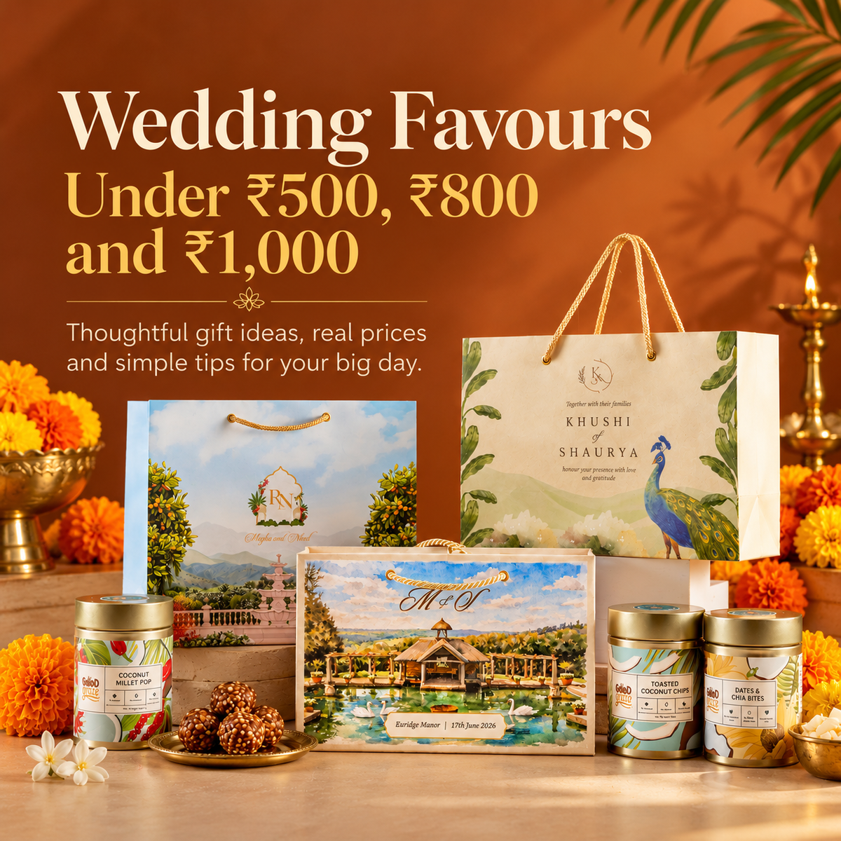 The Wedding Edit wedding favour hamper with coffee cookies, coconut chips and peri peri almonds