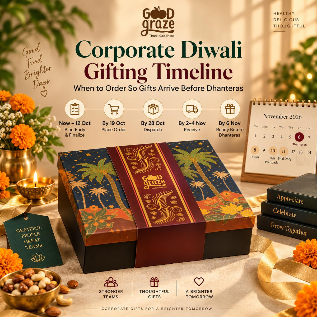 Corporate Diwali gifting timeline 2026 showing Good Graze gift hamper, order and dispatch deadlines, and key dates before Dhanteras and Diwali.